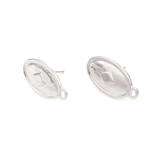 Picture of Zinc Based Alloy Ear Post Stud Earrings Findings Oval Silver Tone Rhombus W/ Loop 22mm x 11mm, Post/ Wire Size: (20 gauge), 2 Pairs