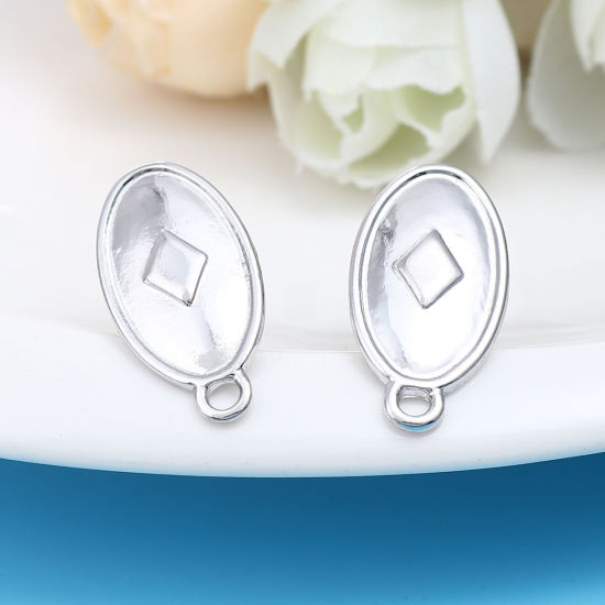 Image de Boucles d'Oreilles Puces en Alliage de Zinc Ovale Argent Mat Losanges avec Boucle 22mm x 11mm, Epaisseur de Fil: (20 gauge), 2 Paires