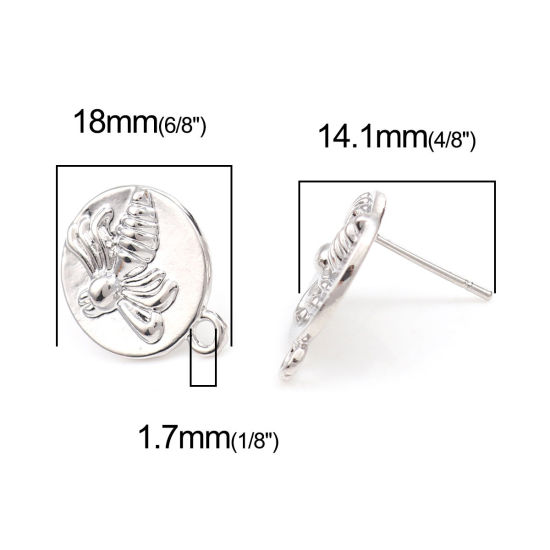 Picture of Zinc Based Alloy Insect Ear Post Stud Earrings Findings Round Silver Tone Bee W/ Loop 18mm x 15mm, Post/ Wire Size: (20 gauge), 4 PCs