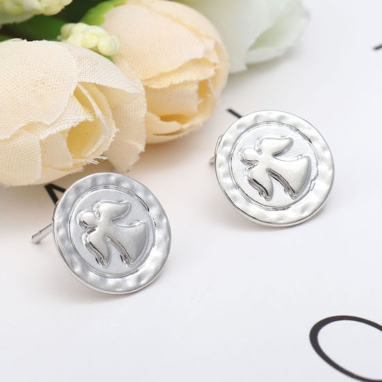 Picture of Zinc Based Alloy Religious Ear Post Stud Earrings Findings Round Silver Tone Angel W/ Loop 14mm Dia., Post/ Wire Size: (20 gauge), 4 PCs