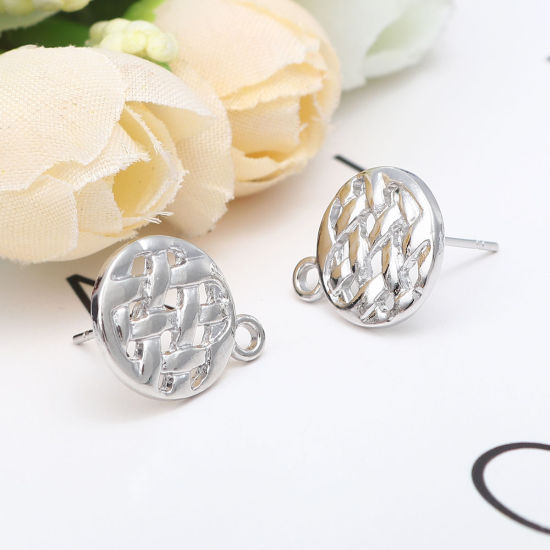 Picture of Zinc Based Alloy Ear Post Stud Earrings Findings Round Silver Tone W/ Loop 16mm x 13mm, Post/ Wire Size: (20 gauge), 4 PCs