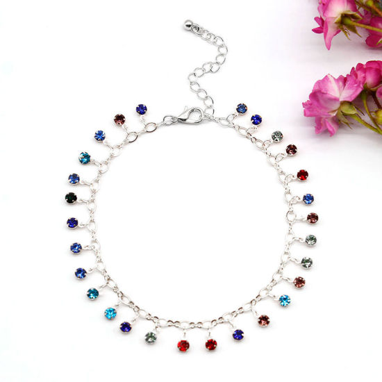 Picture of Stylish Anklet Silver Plated Tassel Multicolor Rhinestone 21cm(8 2/8") long, 1 Piece