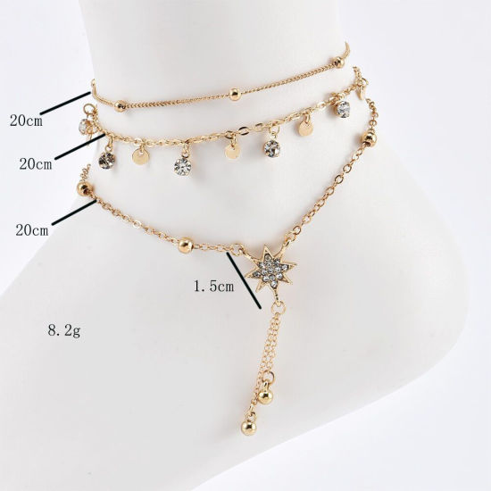 Picture of Anklet Gold Plated Star Clear Rhinestone 20cm(7 7/8") long, 1 Set ( 3 PCs/Set)