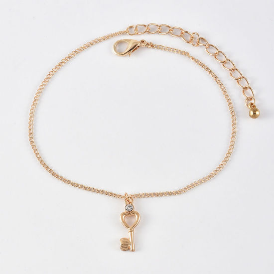 Picture of Anklet Gold Plated Heart Key Clear Rhinestone 20cm(7 7/8") long 19cm(7 4/8") long, 1 Set ( 3 PCs/Set)