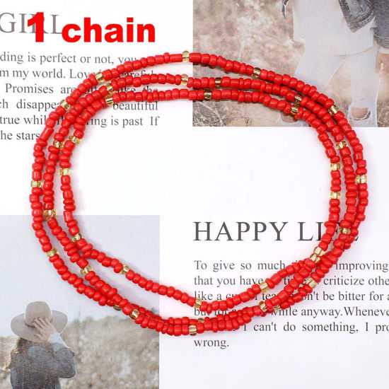 Изображение Богемный стиль Многослойное ожерелье из бисера на талии и цепочке для живота Красный Ручные работы 80см длина, 1 ШТ
