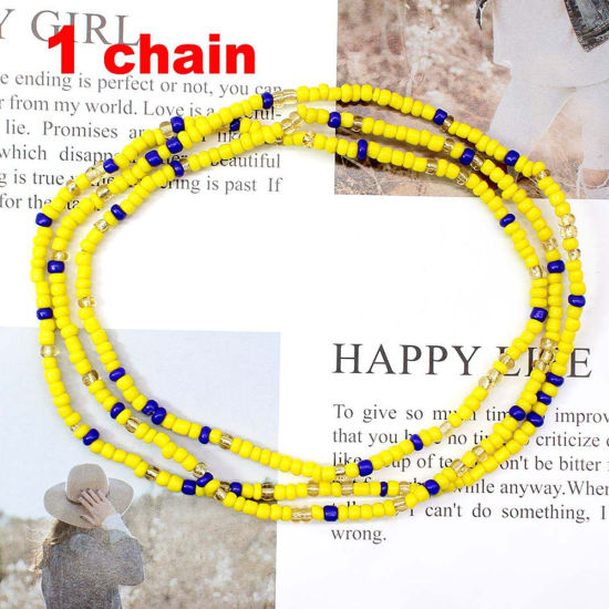 Изображение Богемный стиль Многослойное ожерелье из бисера на талии и цепочке для живота Желтый и Синий Ручные работы 80см длина, 1 ШТ