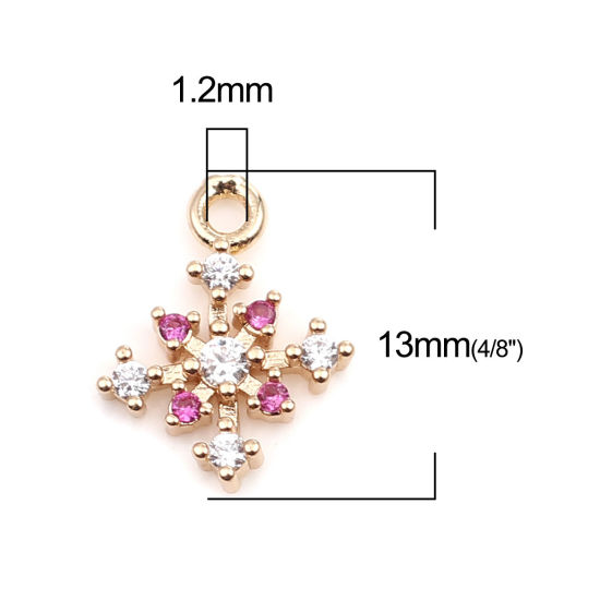 Picture of Zinc Based Alloy Charms Christmas Snowflake Gold Plated Clear & Light Pink Rhinestone 13mm x 10mm, 5 PCs
