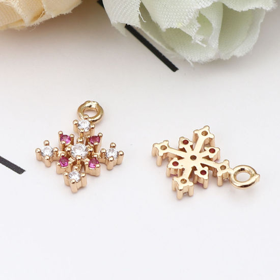 Picture of Zinc Based Alloy Charms Christmas Snowflake Gold Plated Clear & Light Pink Rhinestone 13mm x 10mm, 5 PCs