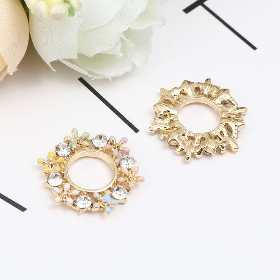Imagen de Zamak Conectores Hexágono Chapado en Oro Flor Esmalte Transparente Rhinestone 17mm x 15mm, 5 Unidades