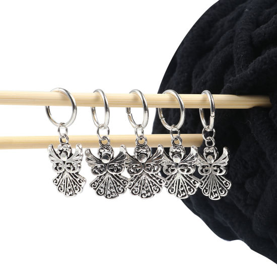 Bild von Zinklegierung Stricken Stitch Markers Engel Antiksilber 33mm x 14mm, 10 Stück