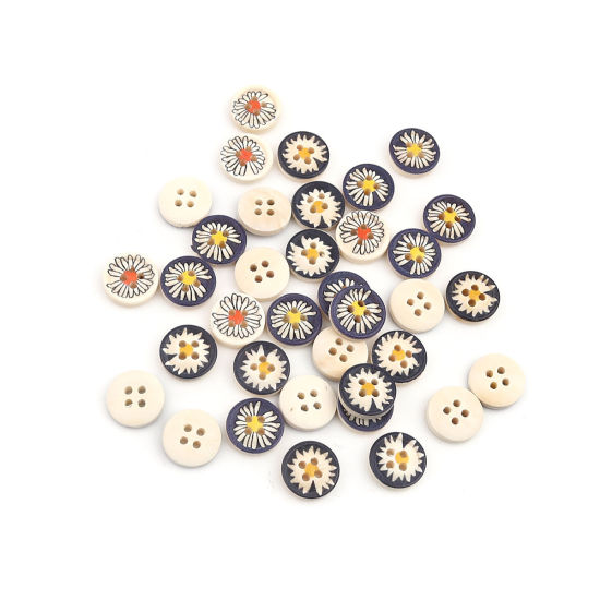 Picture of Natural Wood Sewing Buttons Scrapbooking 4 Holes Round At Random Mixed Daisy Flower 13mm Dia., 200 PCs