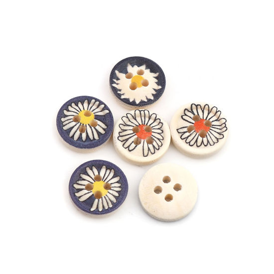 Picture of Natural Wood Sewing Buttons Scrapbooking 4 Holes Round At Random Mixed Daisy Flower 13mm Dia., 200 PCs