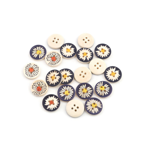 Picture of Natural Wood Sewing Buttons Scrapbooking 4 Holes Round At Random Mixed Daisy Flower 18mm Dia., 100 PCs