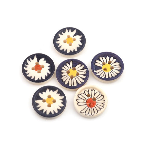 Picture of Natural Wood Sewing Buttons Scrapbooking 4 Holes Round At Random Mixed Daisy Flower 18mm Dia., 100 PCs