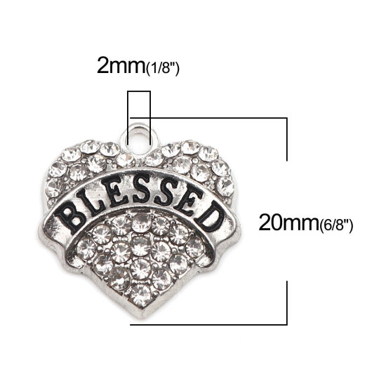 Immagine di Lega di Zinco Charms Cuore Tono Argento Nero Lettere " Blessed " Trasparente Strass 20mm x 20mm , 2 Pz