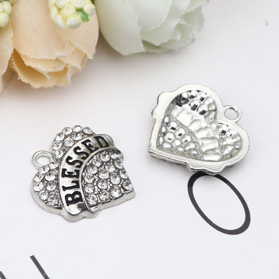 Immagine di Lega di Zinco Charms Cuore Tono Argento Nero Lettere " Blessed " Trasparente Strass 20mm x 20mm , 2 Pz