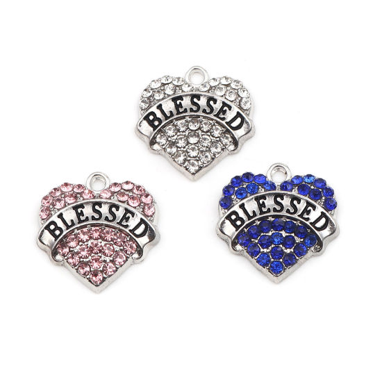 Immagine di Lega di Zinco Charms Cuore Tono Argento Nero Lettere " Blessed " Trasparente Strass 20mm x 20mm , 2 Pz