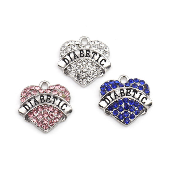 Immagine di Lega di Zinco Charms Cuore Tono Argento Nero Lettere " Diabetic " Trasparente Strass 20mm x 20mm , 2 Pz