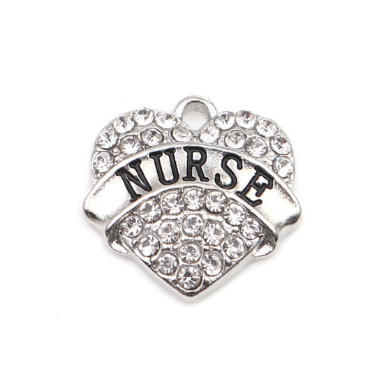 Immagine di Lega di Zinco Charms Cuore Tono Argento Nero Lettere " Nurse " Trasparente Strass 20mm x 20mm , 2 Pz