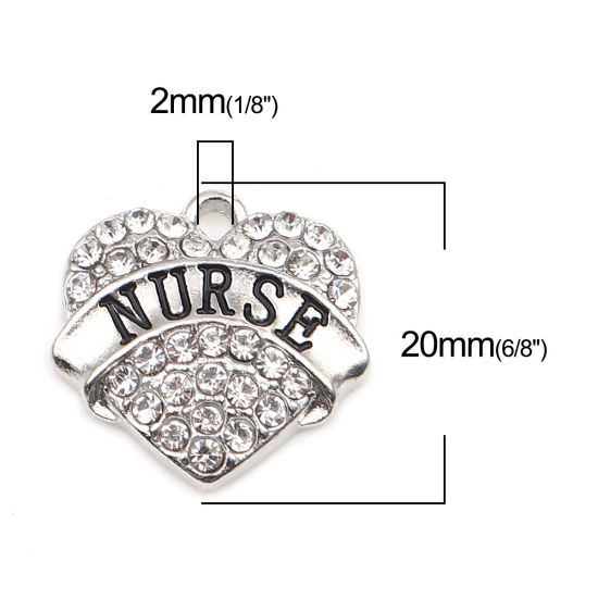 Immagine di Lega di Zinco Charms Cuore Tono Argento Nero Lettere " Nurse " Trasparente Strass 20mm x 20mm , 2 Pz