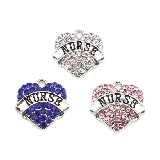 Immagine di Lega di Zinco Charms Cuore Tono Argento Nero Lettere " Nurse " Trasparente Strass 20mm x 20mm , 2 Pz