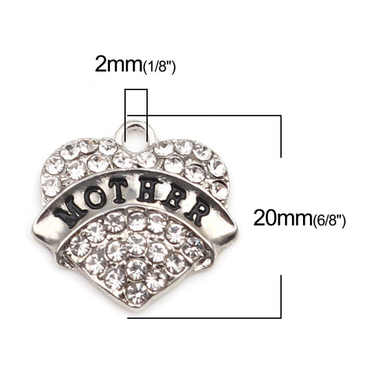 Picture of Zinc Based Alloy Charms Heart Silver Tone Black Message " Mother " Clear Rhinestone 20mm x 20mm, 2 PCs