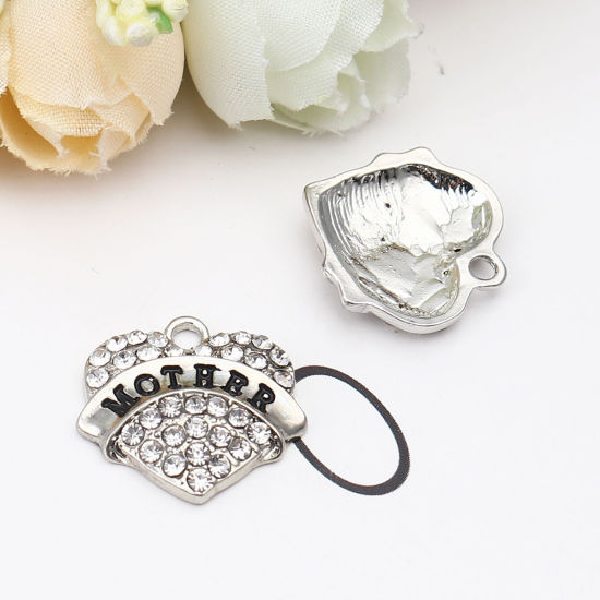 Picture of Zinc Based Alloy Charms Heart Silver Tone Black Message " Mother " Clear Rhinestone 20mm x 20mm, 2 PCs