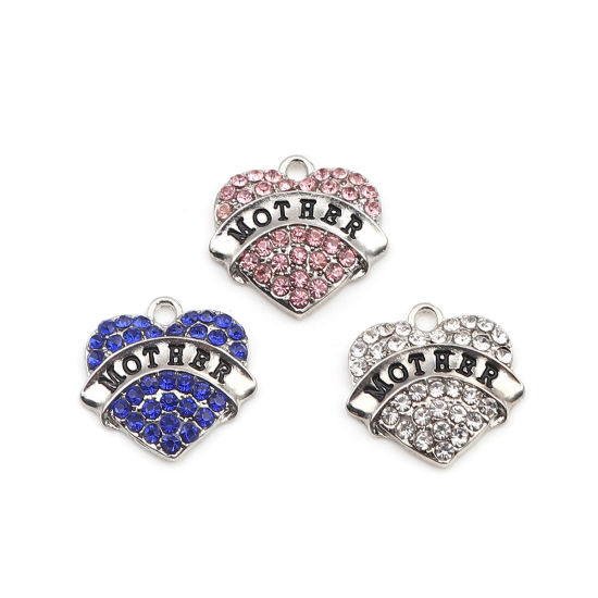 Picture of Zinc Based Alloy Charms Heart Silver Tone Black Message " Mother " Clear Rhinestone 20mm x 20mm, 2 PCs