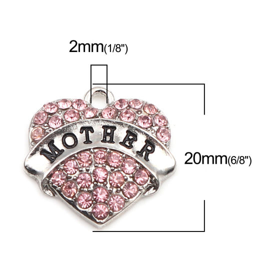 Picture of Zinc Based Alloy Charms Heart Silver Tone Black Message " Mother " Pink Rhinestone 20mm x 20mm, 2 PCs