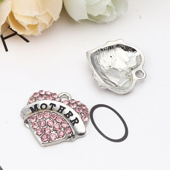 Picture of Zinc Based Alloy Charms Heart Silver Tone Black Message " Mother " Pink Rhinestone 20mm x 20mm, 2 PCs