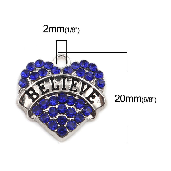 Immagine di Lega di Zinco Charms Cuore Tono Argento Nero Lettere " Believe " Blu Strass 20mm x 20mm , 2 Pz