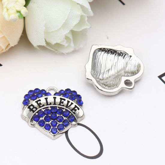 Immagine di Lega di Zinco Charms Cuore Tono Argento Nero Lettere " Believe " Blu Strass 20mm x 20mm , 2 Pz