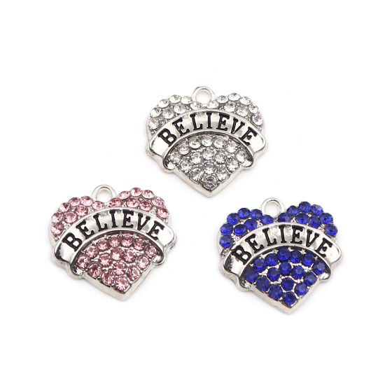 Immagine di Lega di Zinco Charms Cuore Tono Argento Nero Lettere " Believe " Blu Strass 20mm x 20mm , 2 Pz