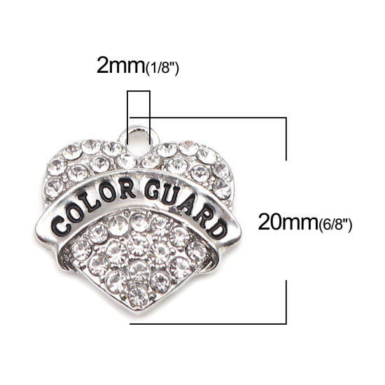 Imagen de Zamak Colgantes Charms Corazón Tono de Plata Negro Mensaje " COLOR GUARD " Transparente Rhinestone 20mm x 20mm, 2 Unidades