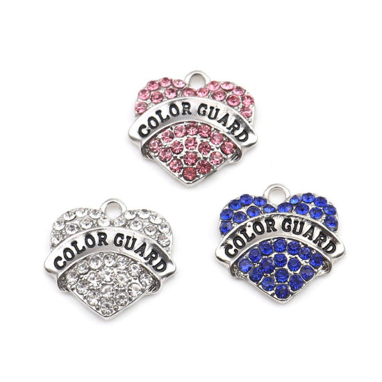Imagen de Zamak Colgantes Charms Corazón Tono de Plata Negro Mensaje " COLOR GUARD " Transparente Rhinestone 20mm x 20mm, 2 Unidades