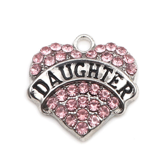 Immagine di Lega di Zinco Charms Cuore Tono Argento Nero Lettere " Daughter " Roso Strass 20mm x 20mm , 2 Pz