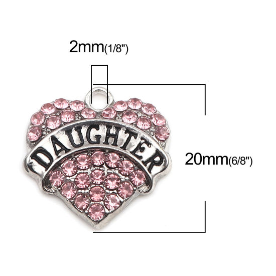 Immagine di Lega di Zinco Charms Cuore Tono Argento Nero Lettere " Daughter " Roso Strass 20mm x 20mm , 2 Pz