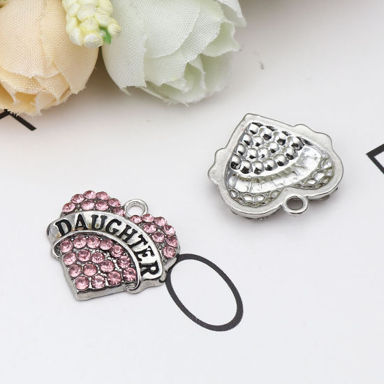 Immagine di Lega di Zinco Charms Cuore Tono Argento Nero Lettere " Daughter " Roso Strass 20mm x 20mm , 2 Pz