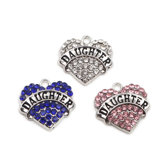 Immagine di Lega di Zinco Charms Cuore Tono Argento Nero Lettere " Daughter " Roso Strass 20mm x 20mm , 2 Pz