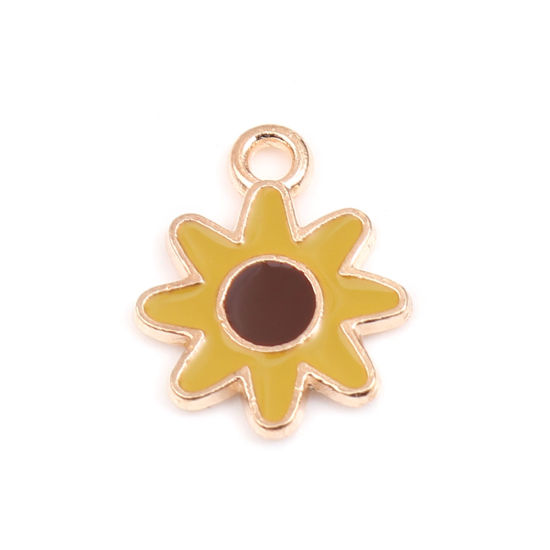 Immagine di Lega di Zinco Charms Oro Placcato Giallo & Marrone Girasole Smalto 16mm x 13mm , 20 Pz