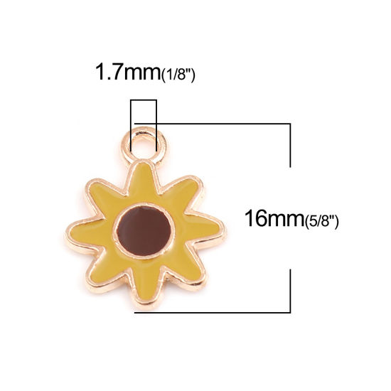 Immagine di Lega di Zinco Charms Oro Placcato Giallo & Marrone Girasole Smalto 16mm x 13mm , 20 Pz