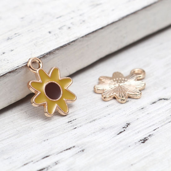 Immagine di Lega di Zinco Charms Oro Placcato Giallo & Marrone Girasole Smalto 16mm x 13mm , 20 Pz