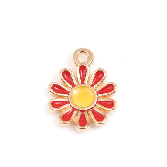 Picture of Zinc Based Alloy Charms Daisy Flower Gold Plated Red & Yellow Enamel 15mm x 11mm, 20 PCs