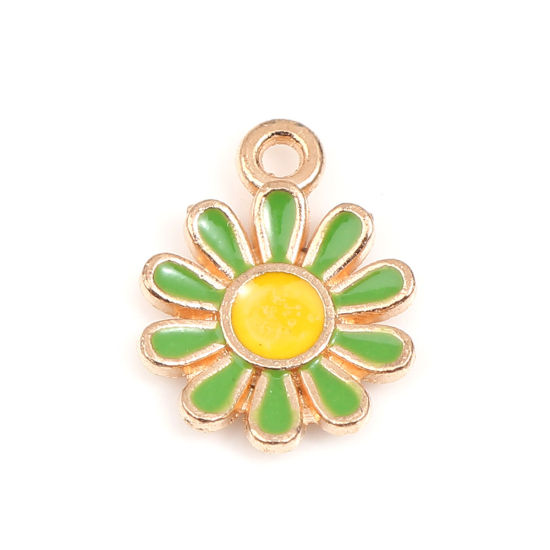 Imagen de Zamak Colgantes Charms Flor de la margarita Chapado en Oro Verde & Amarillo Esmalte 15mm x 11mm, 20 Unidades