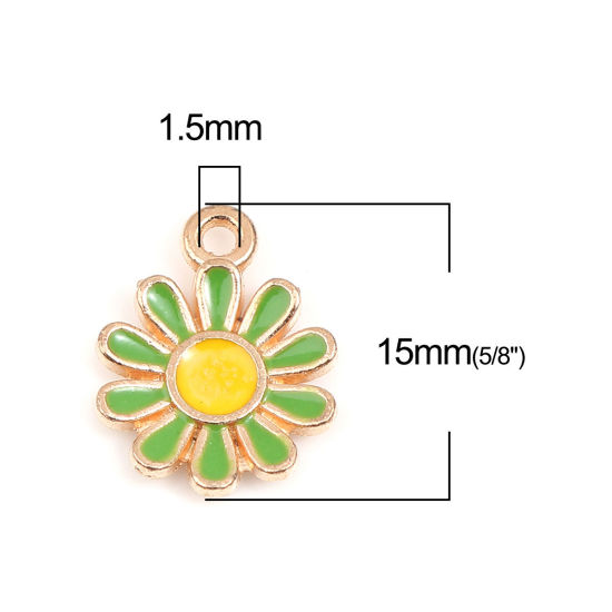 Imagen de Zamak Colgantes Charms Flor de la margarita Chapado en Oro Verde & Amarillo Esmalte 15mm x 11mm, 20 Unidades