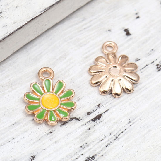 Imagen de Zamak Colgantes Charms Flor de la margarita Chapado en Oro Verde & Amarillo Esmalte 15mm x 11mm, 20 Unidades