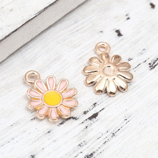 Imagen de Zamak Colgantes Charms Flor de la margarita Chapado en Oro Rosa Melocotón Esmalte 15mm x 11mm, 20 Unidades