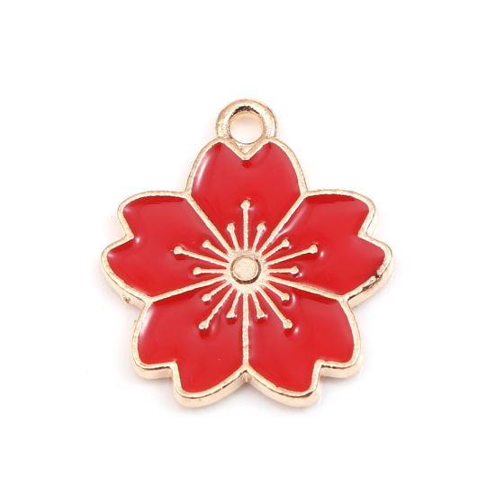Immagine di Lega di Zinco Charms Fiore di Sakura Oro Placcato Rosso Smalto 20mm x 18mm , 20 Pz