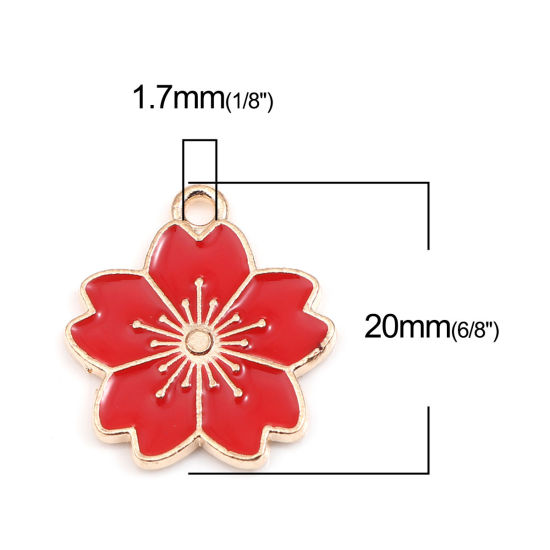 Immagine di Lega di Zinco Charms Fiore di Sakura Oro Placcato Rosso Smalto 20mm x 18mm , 20 Pz