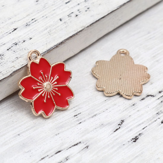 Immagine di Lega di Zinco Charms Fiore di Sakura Oro Placcato Rosso Smalto 20mm x 18mm , 20 Pz